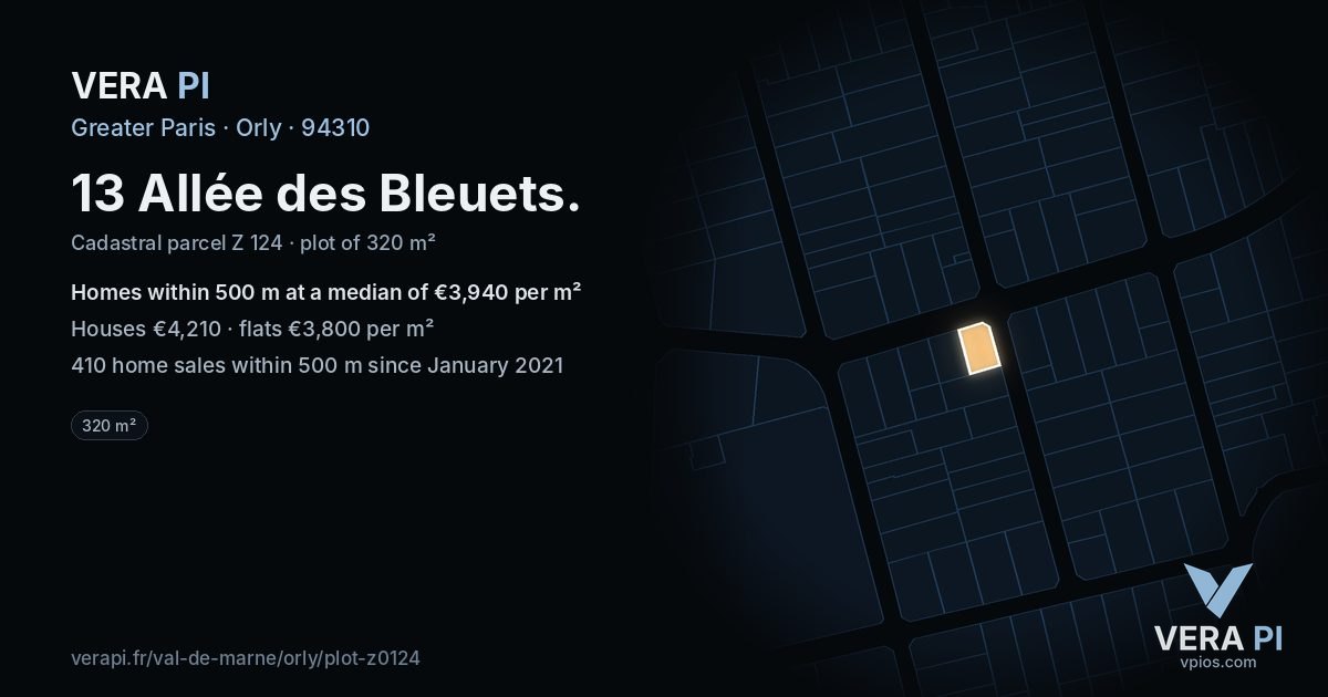 13 Allée des Bleuets, Orly at night – the plot lit, the parcels around coloured by the prices near them