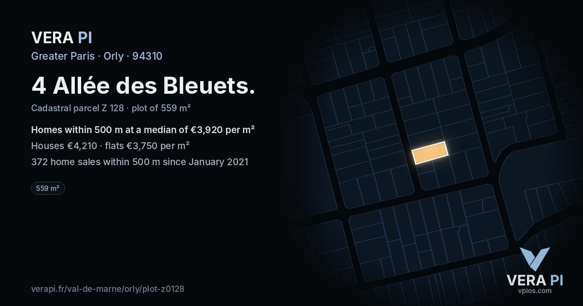 4 Allée des Bleuets, Orly at night – the plot lit, the parcels around coloured by the prices near them
