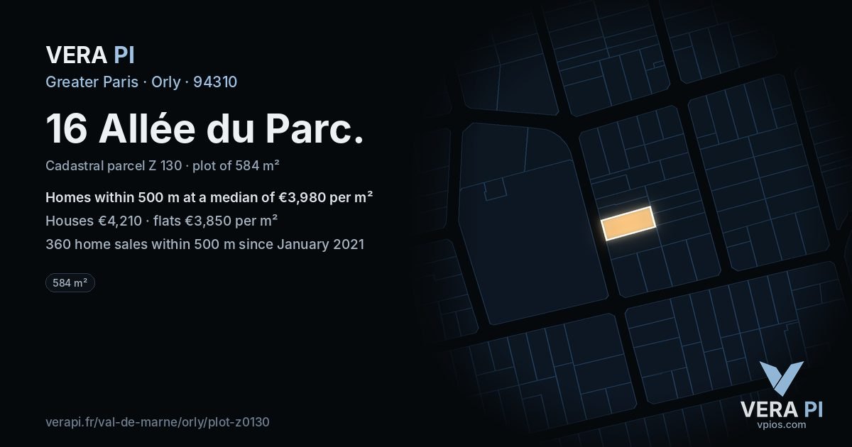 16 Allée du Parc, Orly at night – the plot lit, the parcels around coloured by the prices near them