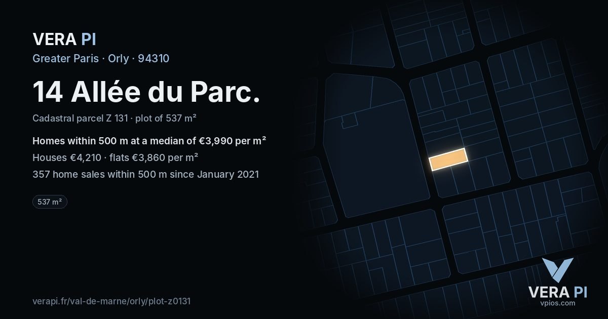 14 Allée du Parc, Orly at night – the plot lit, the parcels around coloured by the prices near them