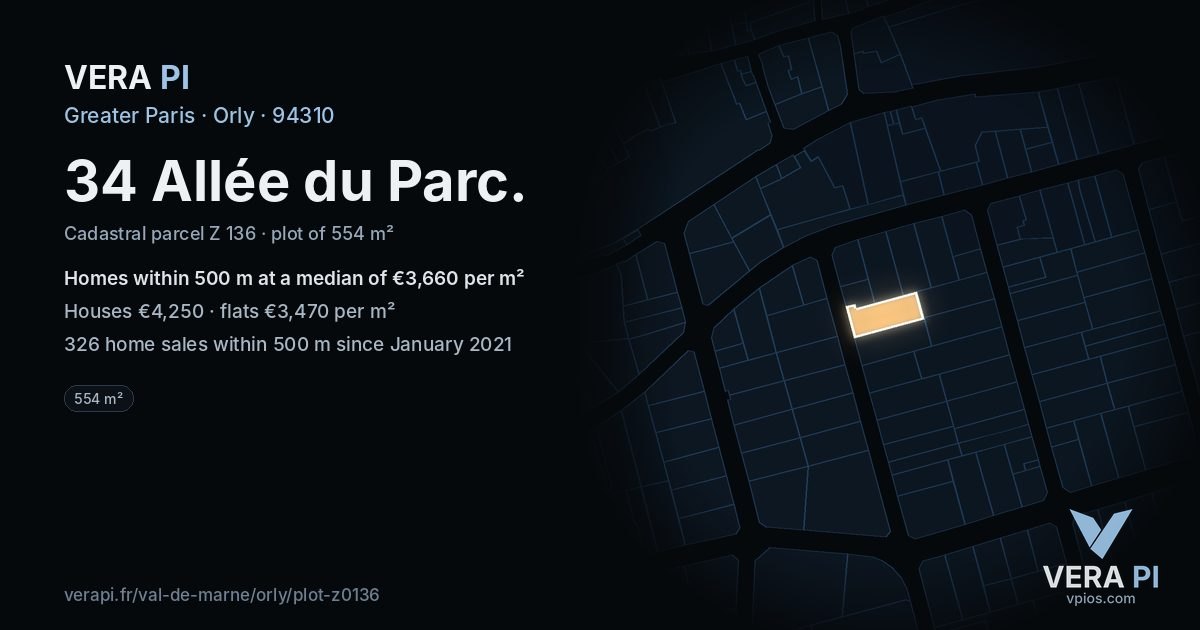 34 Allée du Parc, Orly at night – the plot lit, the parcels around coloured by the prices near them