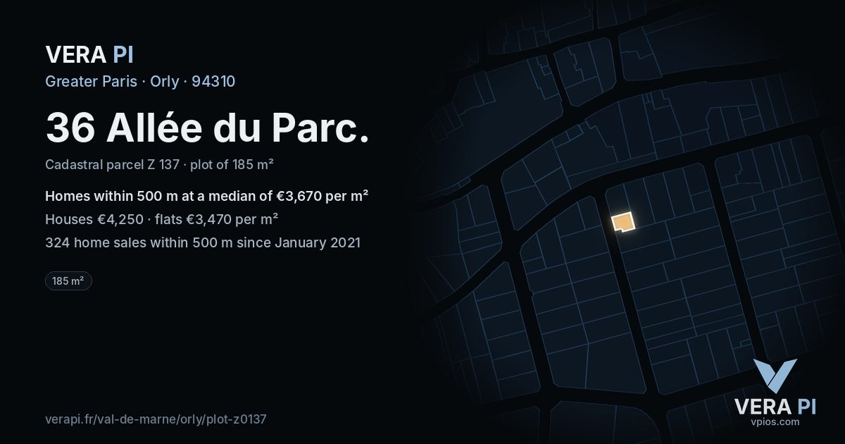 36 Allée du Parc, Orly at night – the plot lit, the parcels around coloured by the prices near them