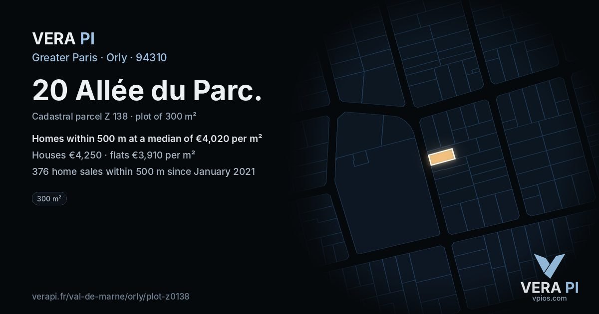 20 Allée du Parc, Orly at night – the plot lit, the parcels around coloured by the prices near them