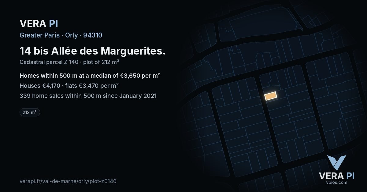 14 bis Allée des Marguerites, Orly at night – the plot lit, the parcels around coloured by the prices near them
