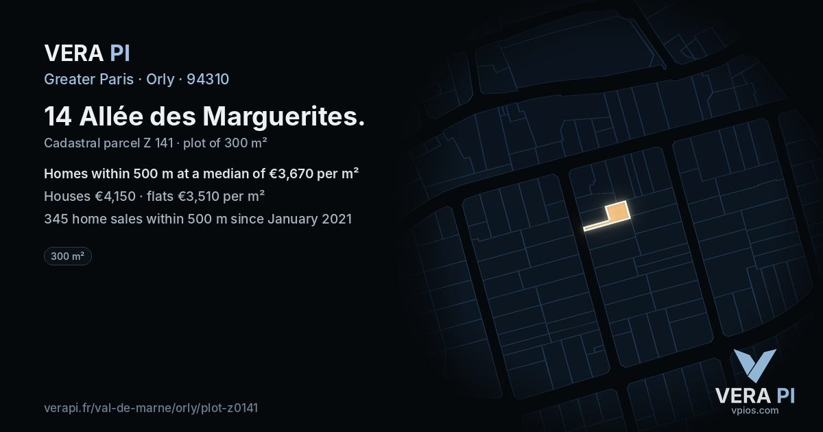 14 Allée des Marguerites, Orly at night – the plot lit, the parcels around coloured by the prices near them