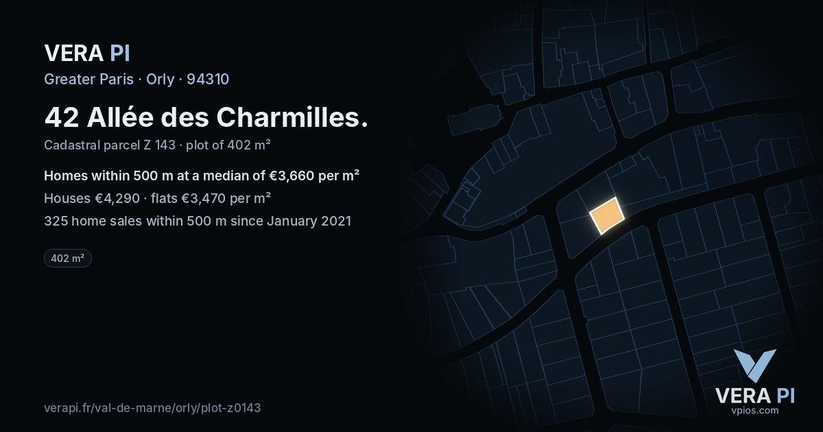42 Allée des Charmilles, Orly at night – the plot lit, the parcels around coloured by the prices near them