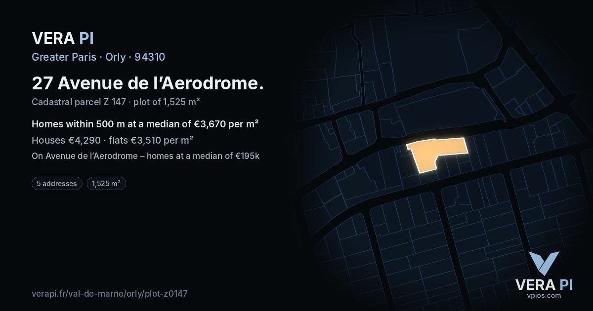 27 Avenue de l’Aerodrome, Orly at night – the plot lit, the parcels around coloured by the prices near them