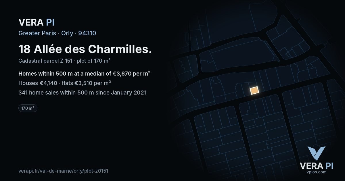 18 Allée des Charmilles, Orly at night – the plot lit, the parcels around coloured by the prices near them