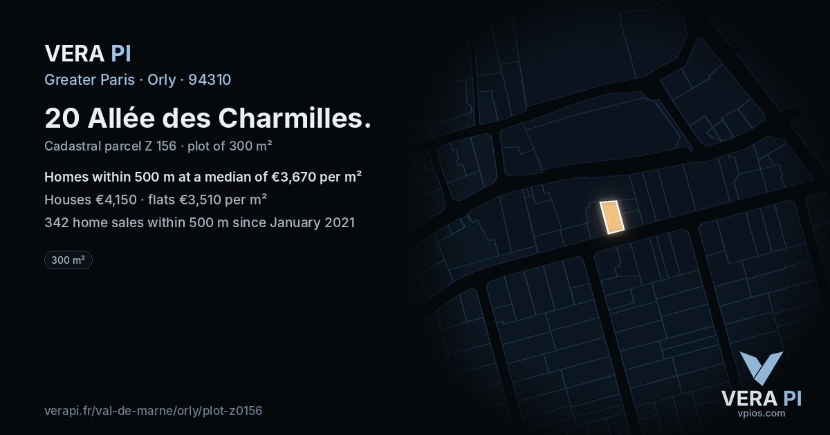 20 Allée des Charmilles, Orly at night – the plot lit, the parcels around coloured by the prices near them