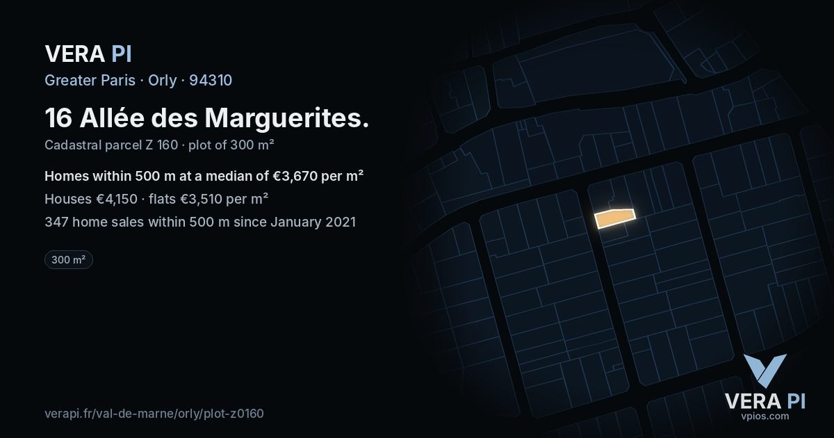 16 Allée des Marguerites, Orly at night – the plot lit, the parcels around coloured by the prices near them