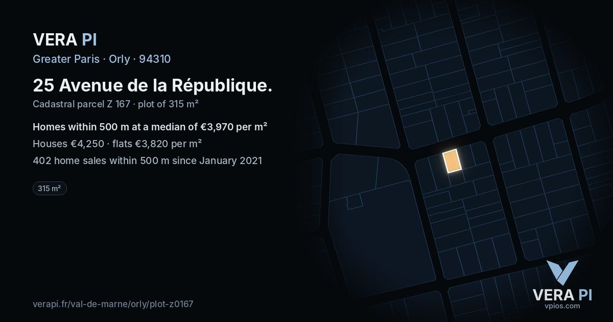 25 Avenue de la République, Orly at night – the plot lit, the parcels around coloured by the prices near them