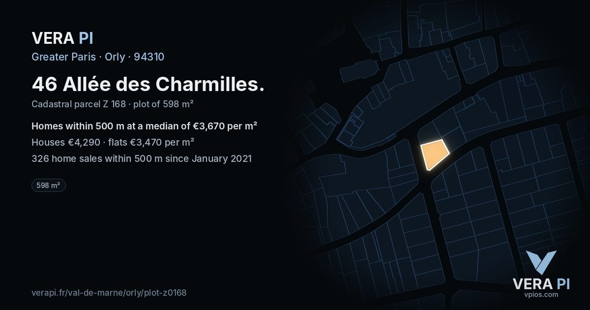 46 Allée des Charmilles, Orly at night – the plot lit, the parcels around coloured by the prices near them