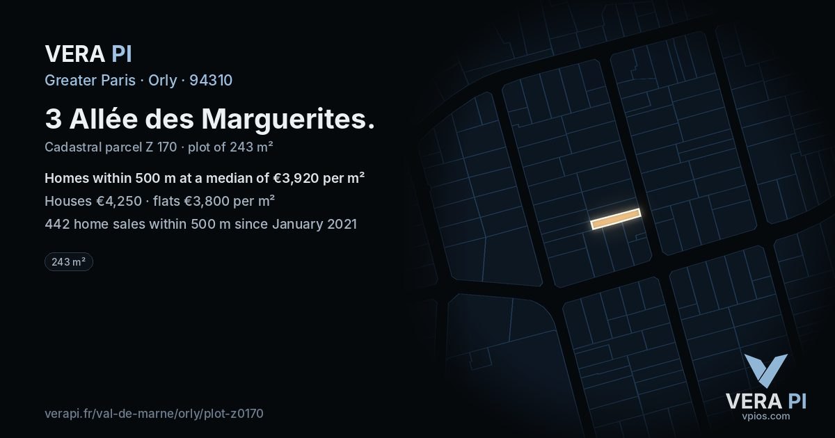 3 Allée des Marguerites, Orly at night – the plot lit, the parcels around coloured by the prices near them