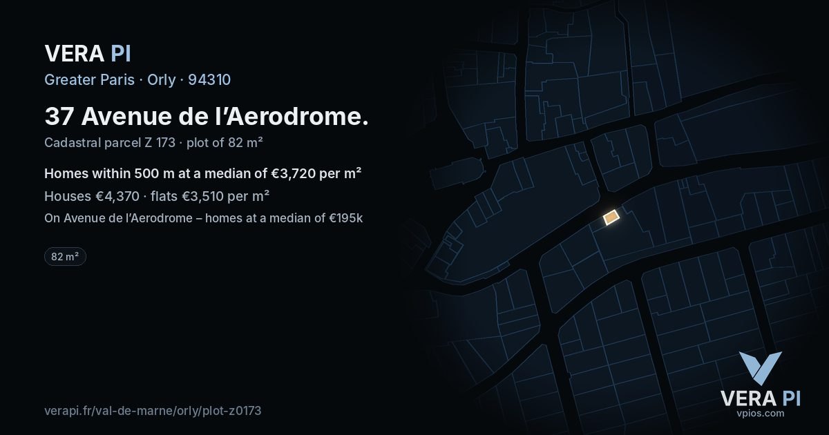 37 Avenue de l’Aerodrome, Orly at night – the plot lit, the parcels around coloured by the prices near them
