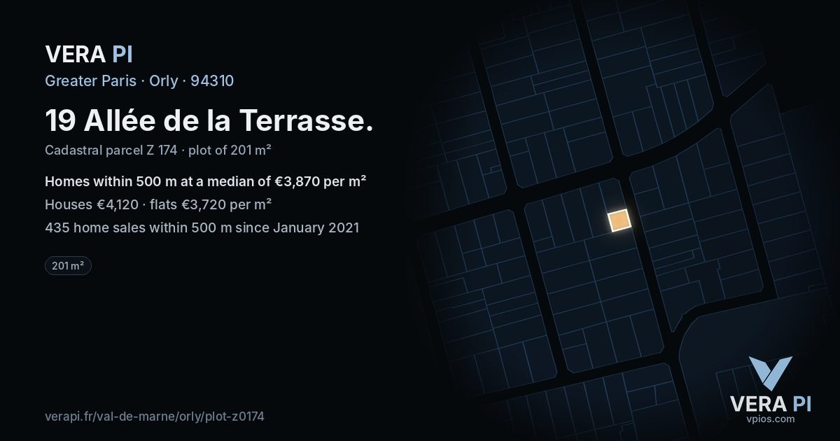 19 Allée de la Terrasse, Orly at night – the plot lit, the parcels around coloured by the prices near them