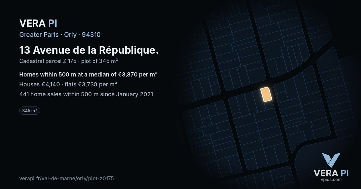 13 Avenue de la République, Orly at night – the plot lit, the parcels around coloured by the prices near them