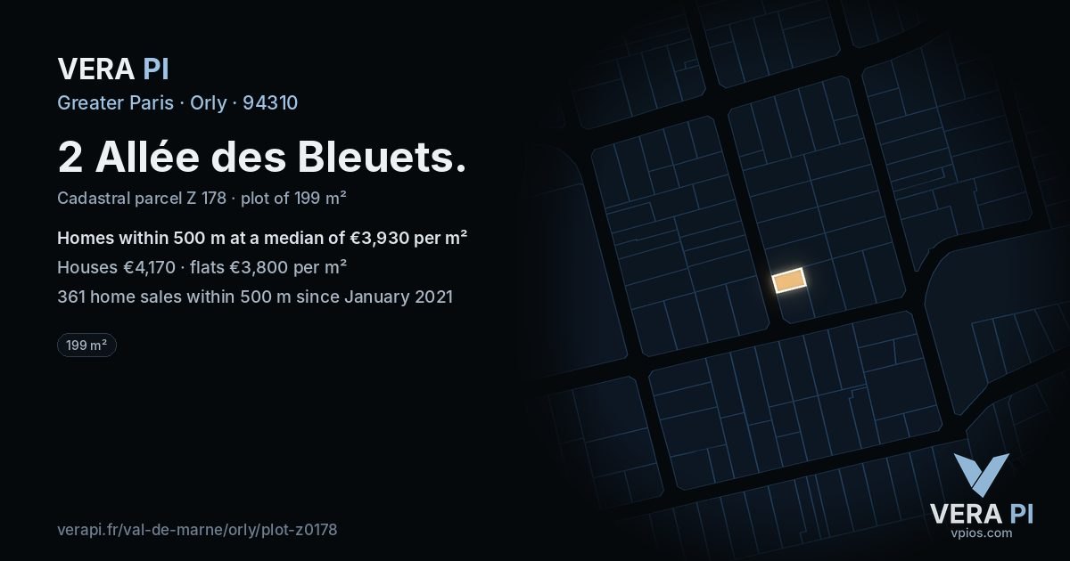 2 Allée des Bleuets, Orly at night – the plot lit, the parcels around coloured by the prices near them