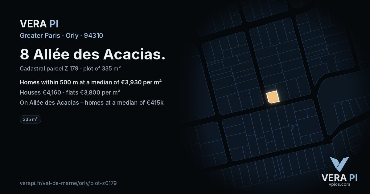 8 Allée des Acacias, Orly at night – the plot lit, the parcels around coloured by the prices near them