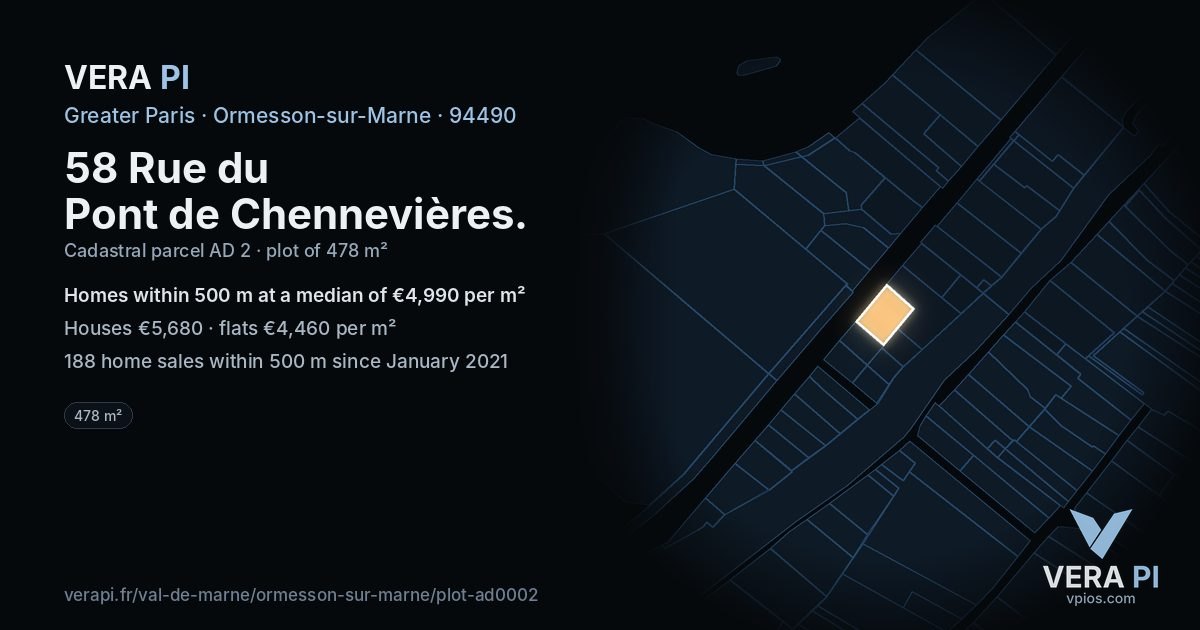 58 Rue du Pont de Chennevières, Ormesson-sur-Marne at night – the plot lit, the parcels around coloured by the prices near them
