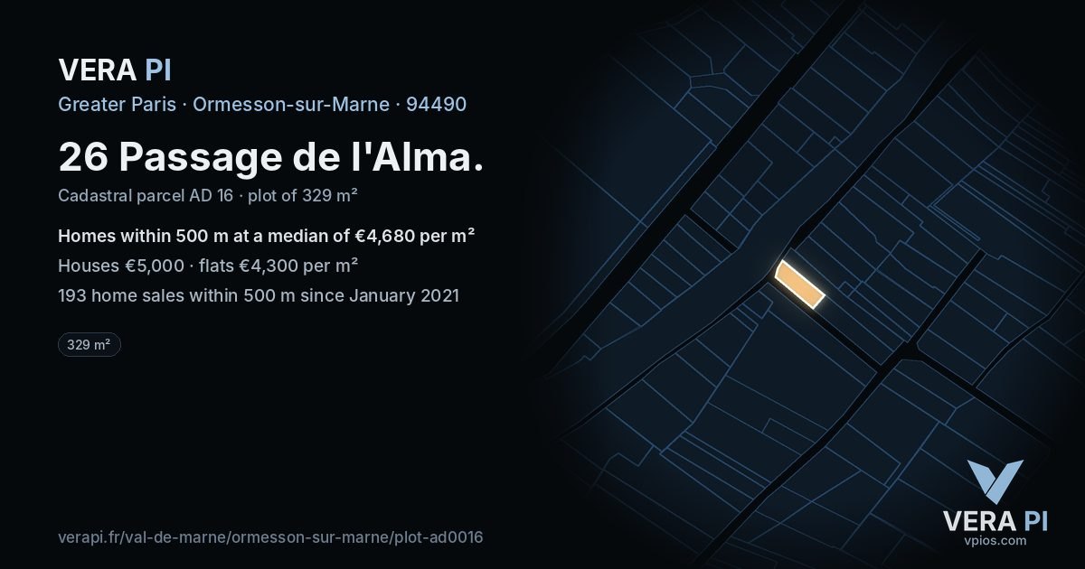 26 Passage de l'Alma, Ormesson-sur-Marne at night – the plot lit, the parcels around coloured by the prices near them