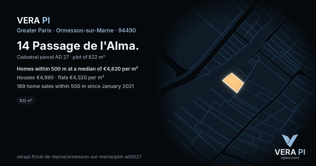 14 Passage de l'Alma, Ormesson-sur-Marne at night – the plot lit, the parcels around coloured by the prices near them