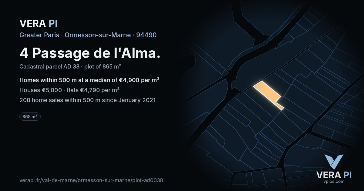 4 Passage de l'Alma, Ormesson-sur-Marne at night – the plot lit, the parcels around coloured by the prices near them