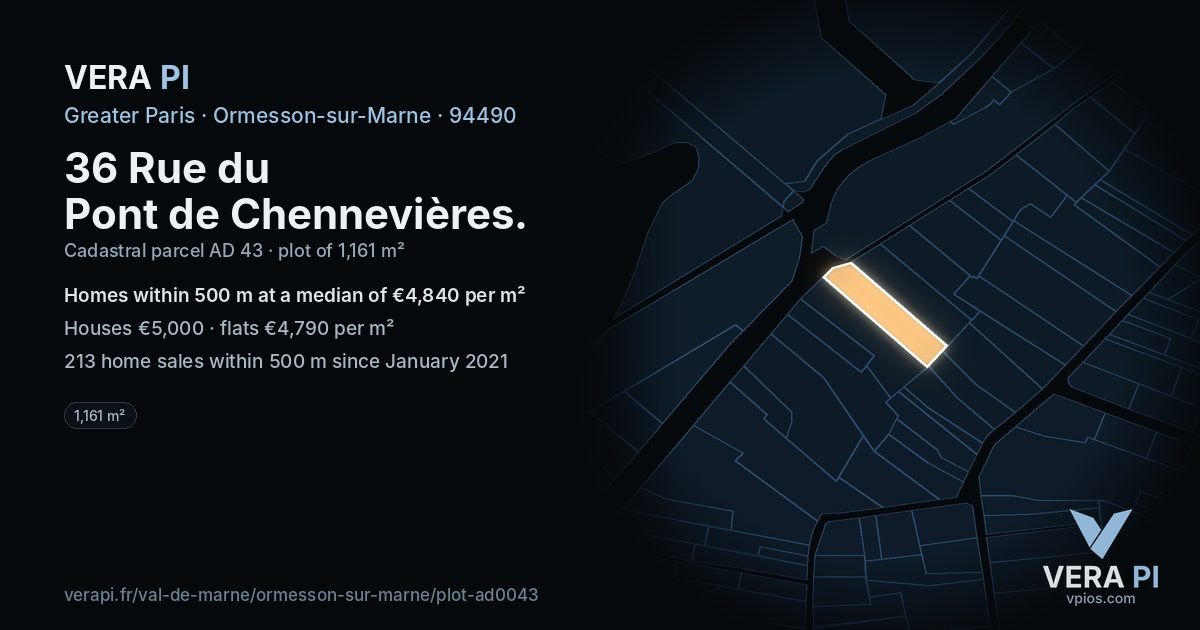 36 Rue du Pont de Chennevières, Ormesson-sur-Marne at night – the plot lit, the parcels around coloured by the prices near them