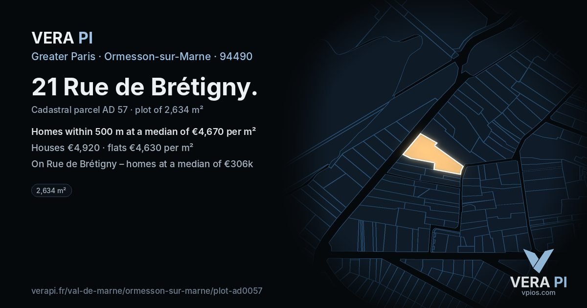 21 Rue de Brétigny, Ormesson-sur-Marne at night – the plot lit, the parcels around coloured by the prices near them