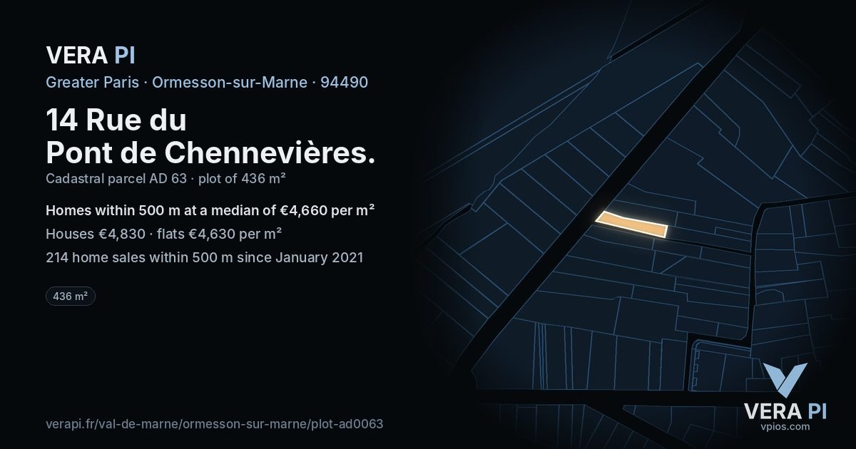 14 Rue du Pont de Chennevières, Ormesson-sur-Marne at night – the plot lit, the parcels around coloured by the prices near them