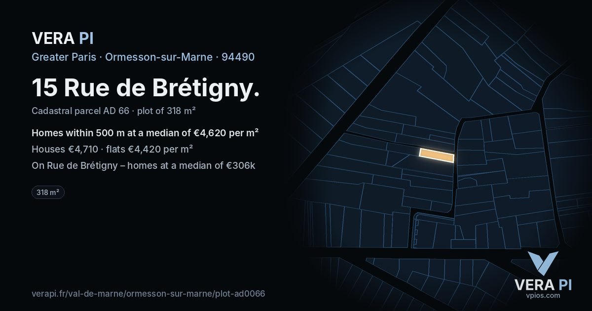 15 Rue de Brétigny, Ormesson-sur-Marne at night – the plot lit, the parcels around coloured by the prices near them