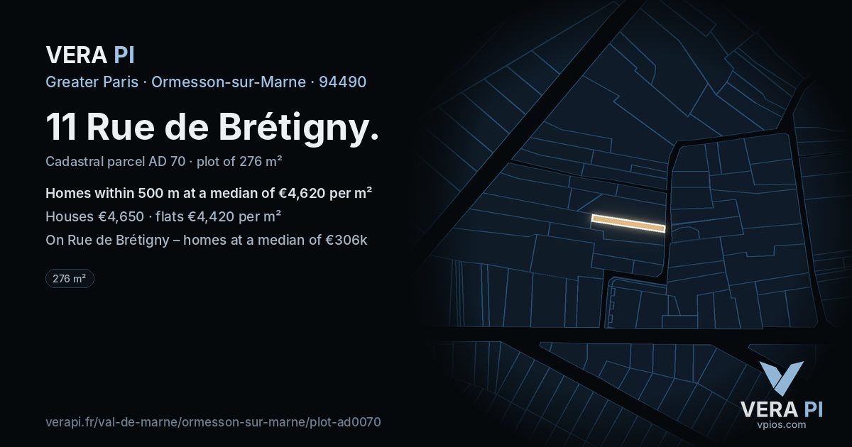 11 Rue de Brétigny, Ormesson-sur-Marne at night – the plot lit, the parcels around coloured by the prices near them