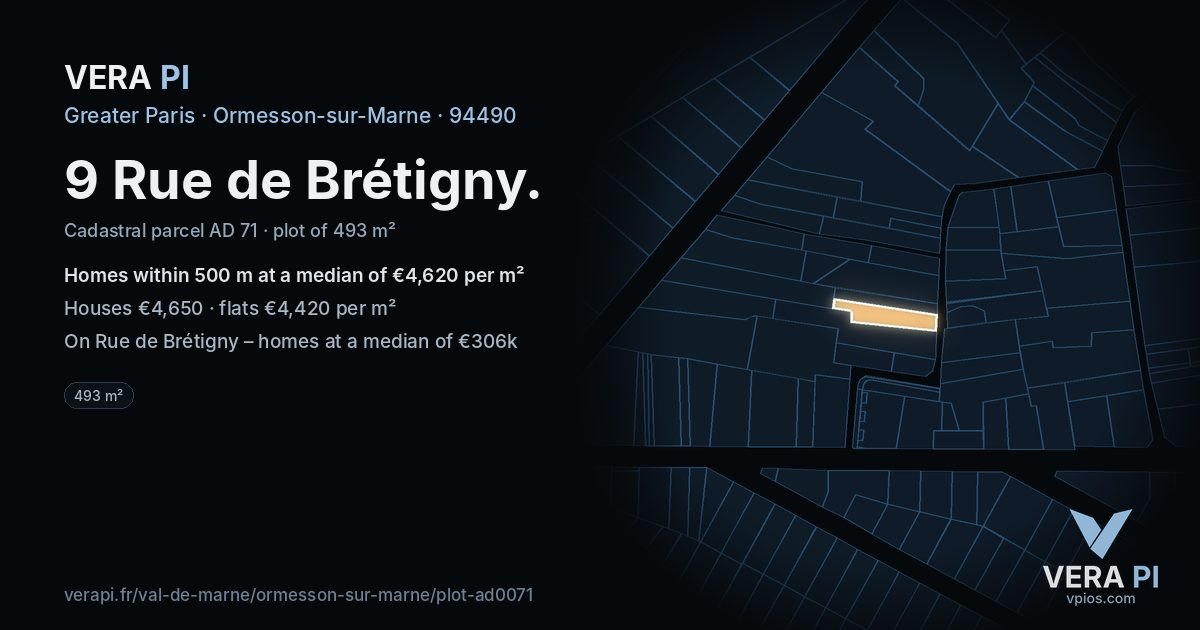 9 Rue de Brétigny, Ormesson-sur-Marne at night – the plot lit, the parcels around coloured by the prices near them