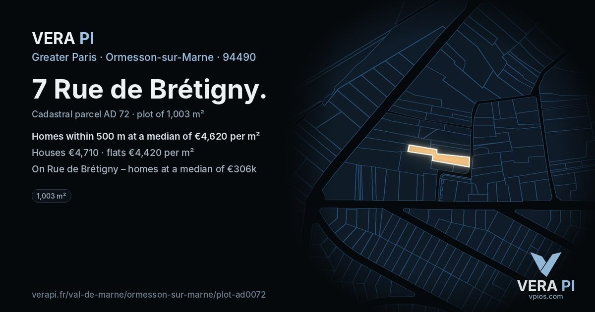 7 Rue de Brétigny, Ormesson-sur-Marne at night – the plot lit, the parcels around coloured by the prices near them