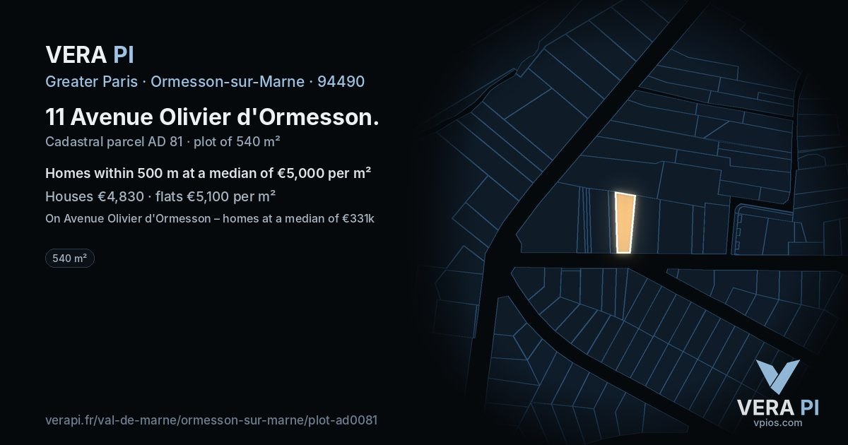 11 Avenue Olivier d'Ormesson, Ormesson-sur-Marne at night – the plot lit, the parcels around coloured by the prices near them