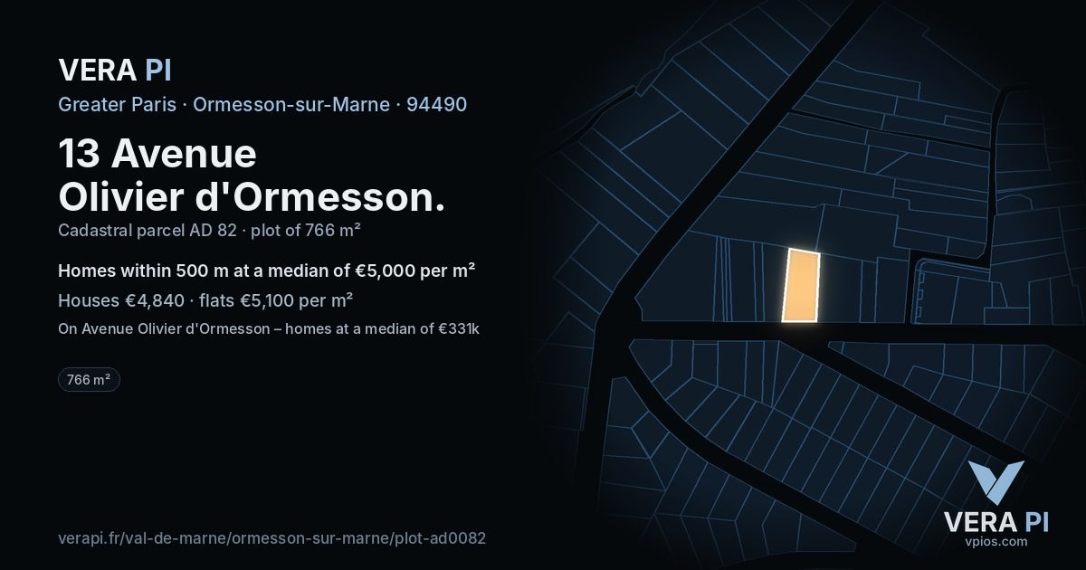 13 Avenue Olivier d'Ormesson, Ormesson-sur-Marne at night – the plot lit, the parcels around coloured by the prices near them