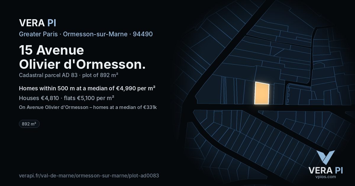 15 Avenue Olivier d'Ormesson, Ormesson-sur-Marne at night – the plot lit, the parcels around coloured by the prices near them
