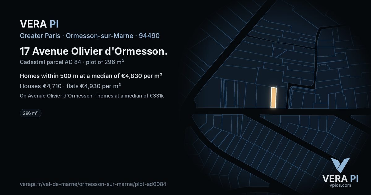 17 Avenue Olivier d'Ormesson, Ormesson-sur-Marne at night – the plot lit, the parcels around coloured by the prices near them