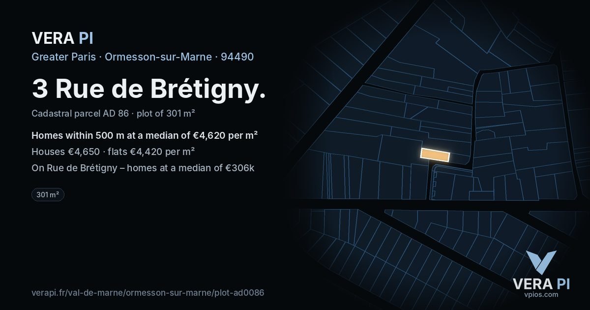 3 Rue de Brétigny, Ormesson-sur-Marne at night – the plot lit, the parcels around coloured by the prices near them