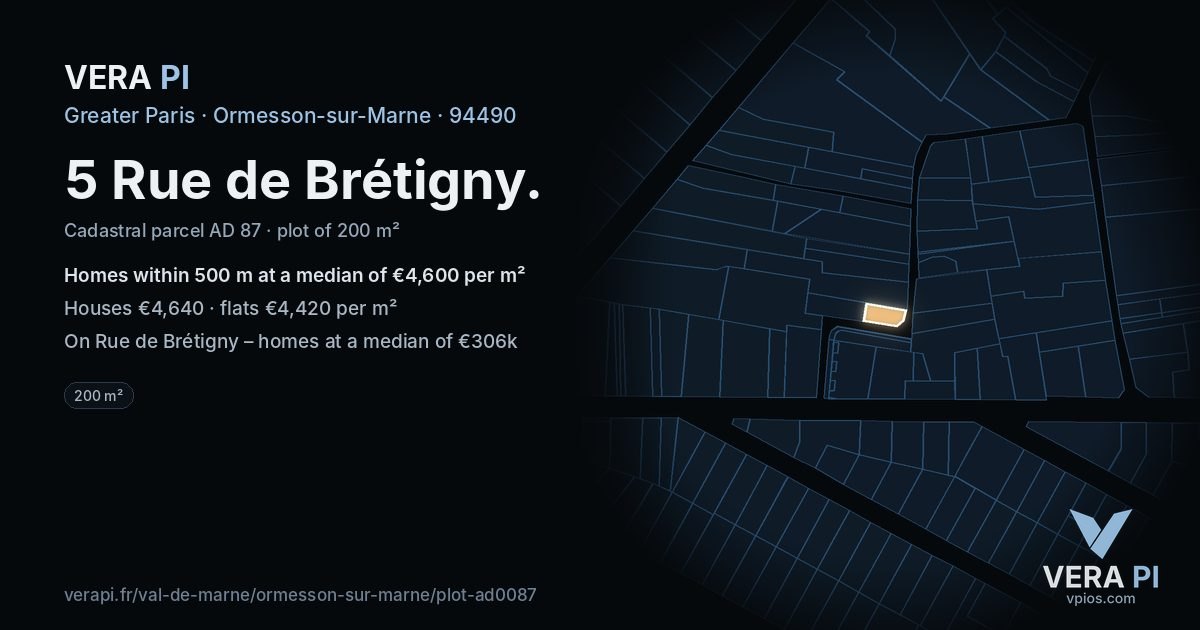 5 Rue de Brétigny, Ormesson-sur-Marne at night – the plot lit, the parcels around coloured by the prices near them