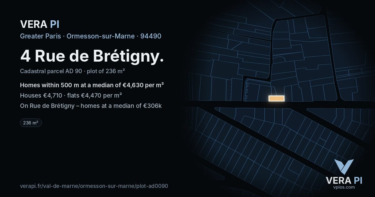 4 Rue de Brétigny, Ormesson-sur-Marne at night – the plot lit, the parcels around coloured by the prices near them