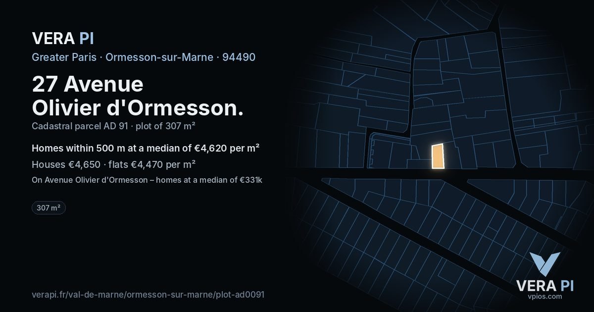 27 Avenue Olivier d'Ormesson, Ormesson-sur-Marne at night – the plot lit, the parcels around coloured by the prices near them