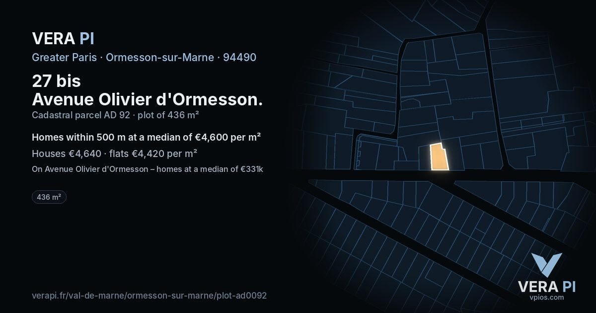 27 bis Avenue Olivier d'Ormesson, Ormesson-sur-Marne at night – the plot lit, the parcels around coloured by the prices near them