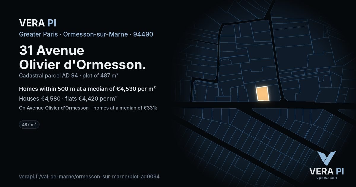 31 Avenue Olivier d'Ormesson, Ormesson-sur-Marne at night – the plot lit, the parcels around coloured by the prices near them
