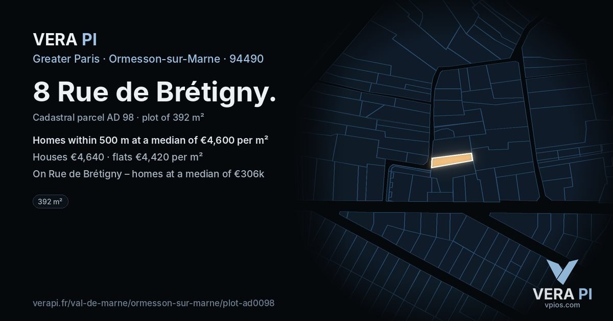 8 Rue de Brétigny, Ormesson-sur-Marne at night – the plot lit, the parcels around coloured by the prices near them
