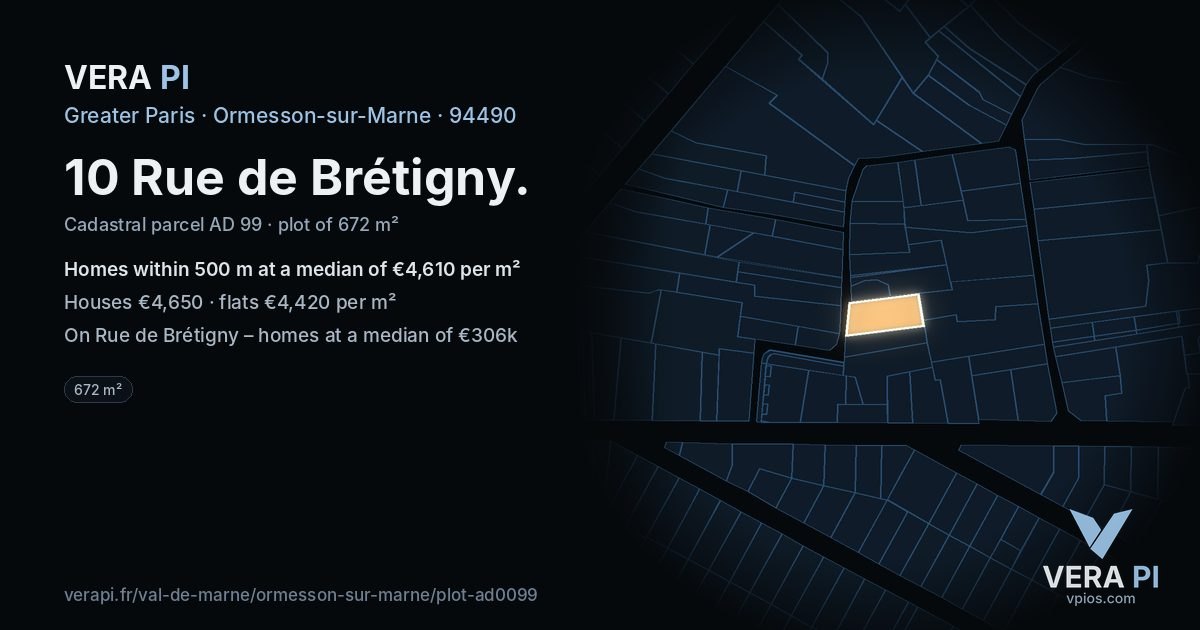 10 Rue de Brétigny, Ormesson-sur-Marne at night – the plot lit, the parcels around coloured by the prices near them