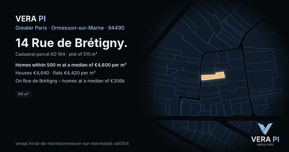 14 Rue de Brétigny, Ormesson-sur-Marne at night – the plot lit, the parcels around coloured by the prices near them