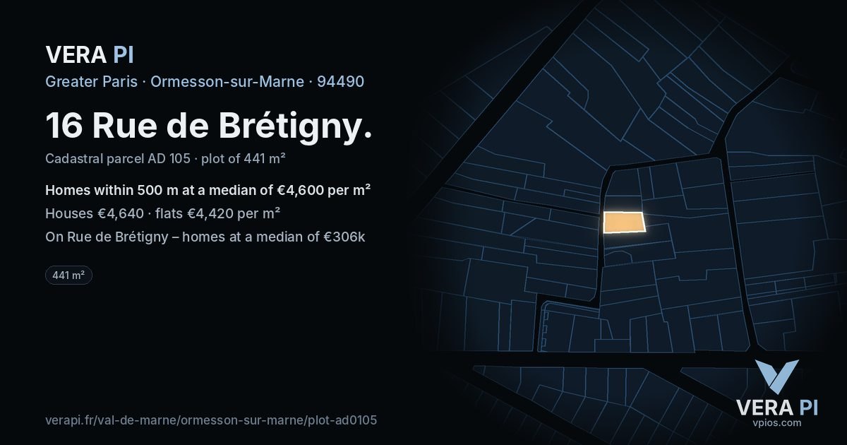 16 Rue de Brétigny, Ormesson-sur-Marne at night – the plot lit, the parcels around coloured by the prices near them