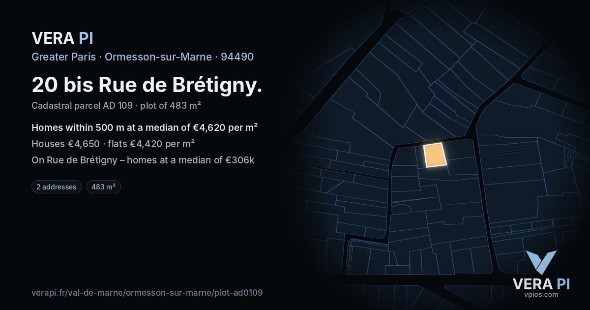 20 bis Rue de Brétigny, Ormesson-sur-Marne at night – the plot lit, the parcels around coloured by the prices near them