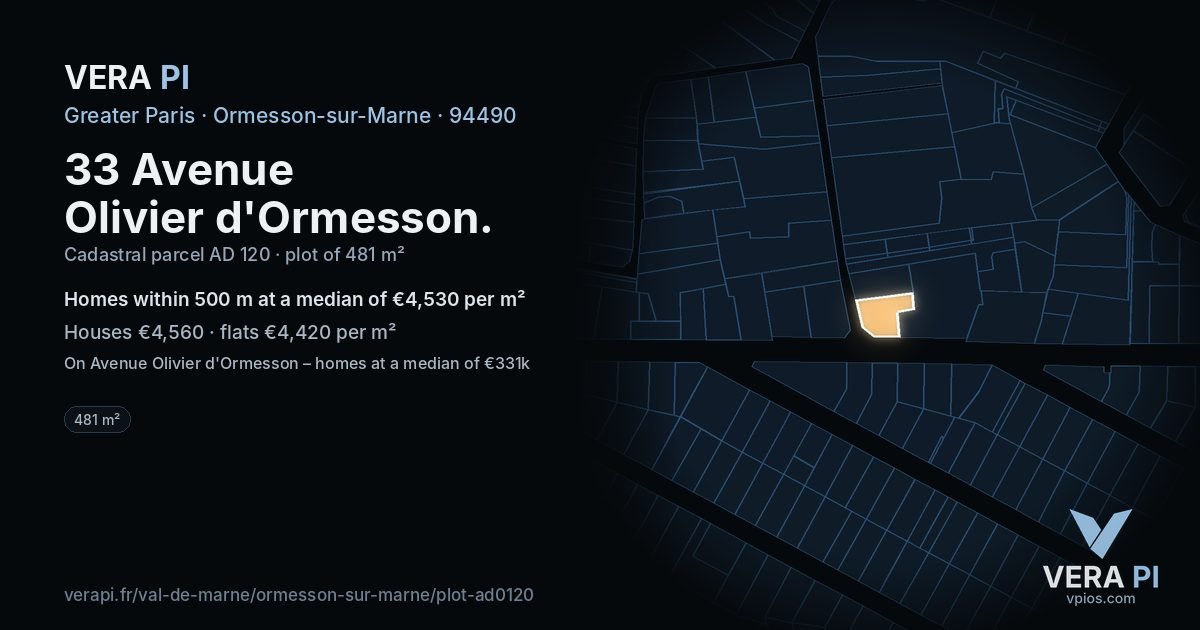 33 Avenue Olivier d'Ormesson, Ormesson-sur-Marne at night – the plot lit, the parcels around coloured by the prices near them