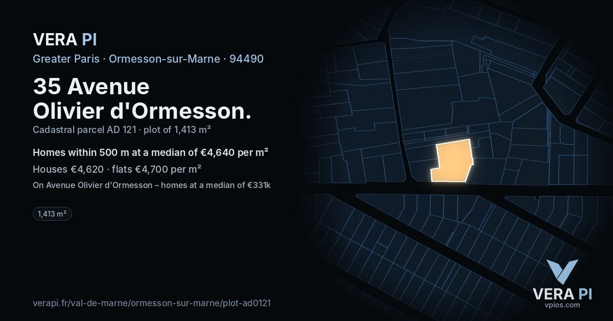 35 Avenue Olivier d'Ormesson, Ormesson-sur-Marne at night – the plot lit, the parcels around coloured by the prices near them